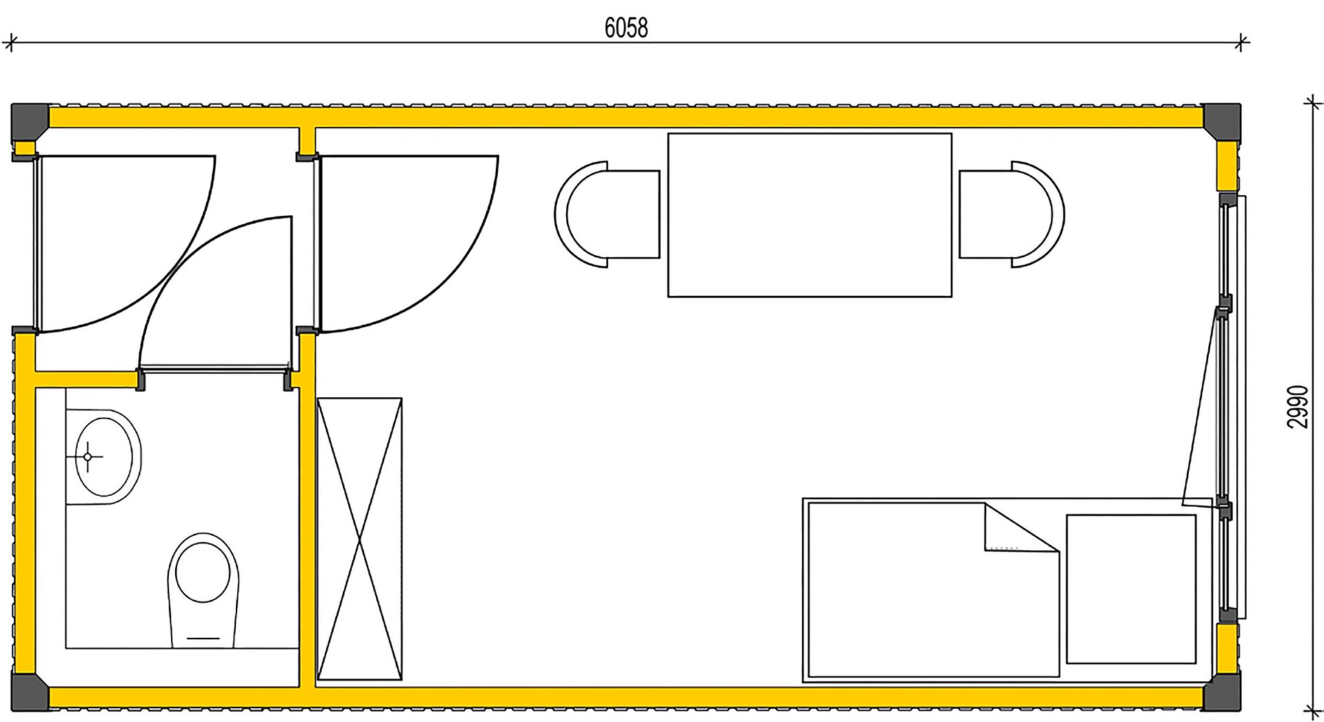 Grundriss Wohncontainer mit WC und Bett 6058x2990mm